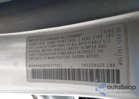 2003 Volkswagen Passat Glx from USA, damaged, VIN WVWRH63B83P271321